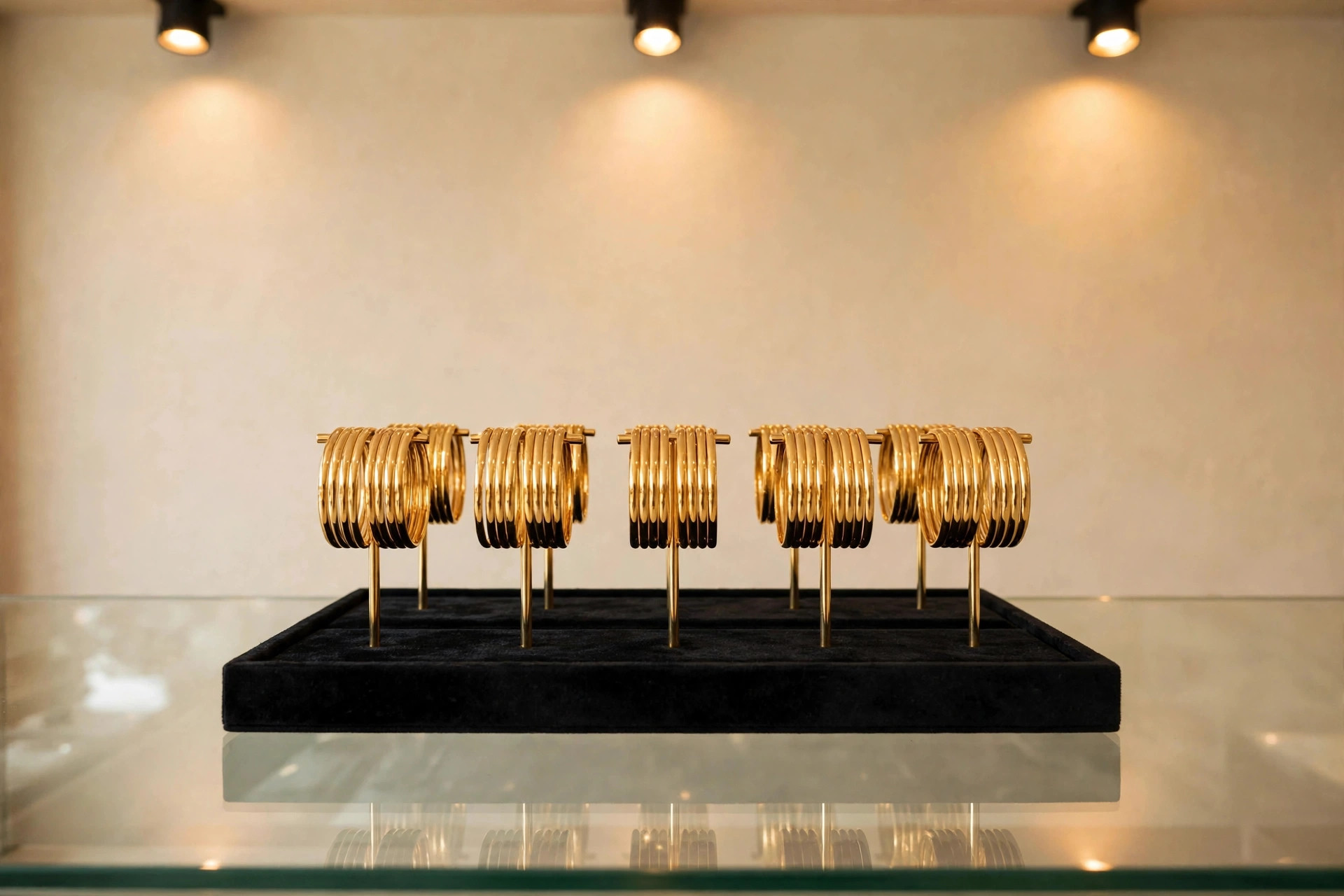 Gleaming, stunning new gold bangles on bangle stands