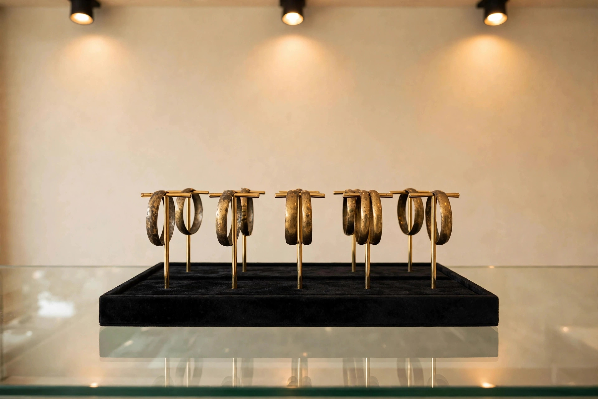 Dull, tarnished old gold bangles on bangle stands
